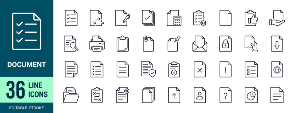 Document icon set. Clipboard outline icons. Containing text documents, files, checklists, folders, contracts, reports, forms, and office paperwork. Editable stroke