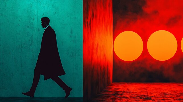 Silhouette of man in coat walking between teal and red walls with glowing orbs.