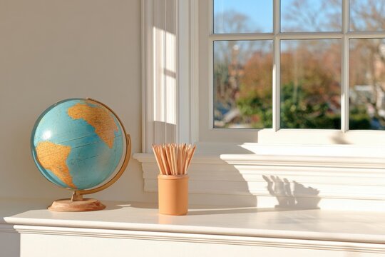 Vintage style globe and pencils in sunny still life photograph on windowsill