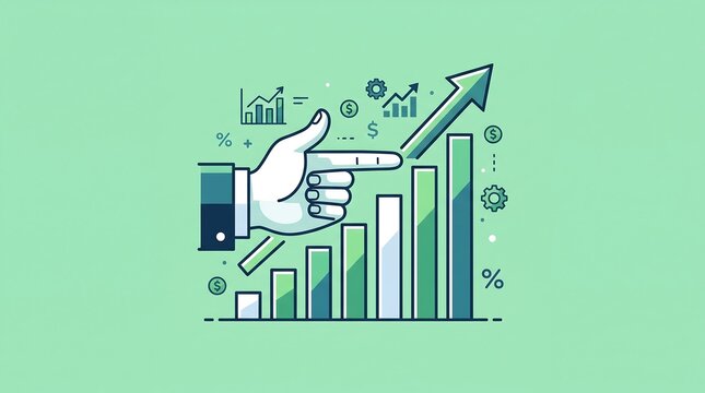 Business growth illustration with hand pointing at rising bar chart, financial success concept, green data visualization for marketing