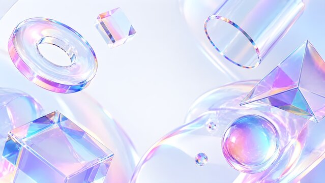 Minimalist 3D glass geometric shapes with holographic pastel gradients