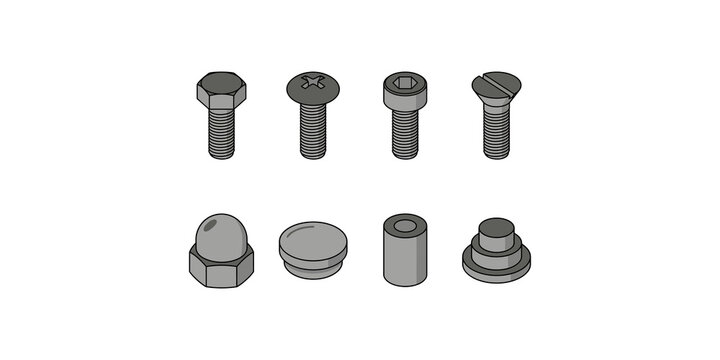 Collection of isometric fasteners and hardware components including bolts nuts and washers for construction and repair projects.