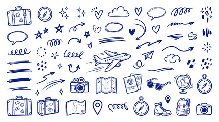 Hand drawn travel icons set, blue ink doodle sketches of vacation elements, travel adventure illustrations for scrapbooking and planning © satish