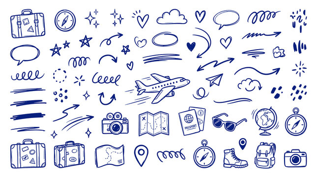 Hand drawn travel icons set, blue ink doodle sketches of vacation elements, travel adventure illustrations for scrapbooking and planning