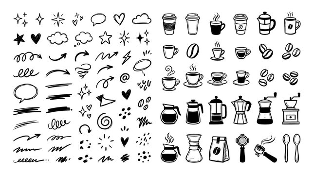 Hand drawn coffee icons and doodle elements set. Black ink cafe sketches, arrows, stars and hearts. Minimalist coffee shop vector graphics.