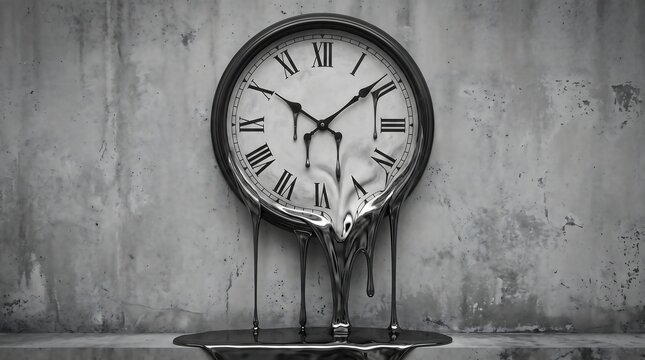 Surreal melting clock on concrete wall, dripping liquid time concept, vintage roman numeral clock face in monochrome