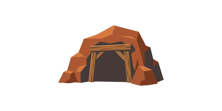 Mining tunnel entrance design with brown rocky mountain structure and wooden support beams for exploration adventure games.