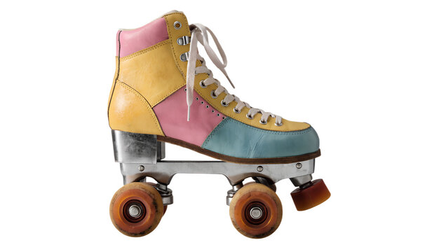 Colorful vintage quad roller skate, isolated PNG, transparent background, high-top retro boot with pastel yellow, pink and teal panels, four warm-toned wheels, slightly worn nostalgic finish, authenti