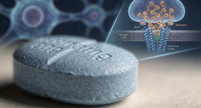 Medical concept of ssri tablets and a microscopic inset displaying serotonin transporter (sert) inhibition, raising serotonin levels in the synaptic cleft with neuron background