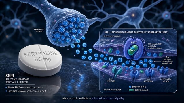 Ssri antidepressant tablet with a zoomed inset showing the drug inhibiting the serotonin transporter (sert), increasing serotonin in the synaptic cleft with neuron background