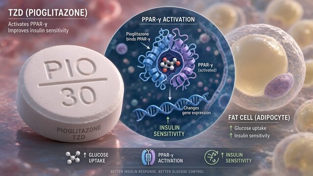 Pioglitazone tzd tablet with a zoomed scientific inset displaying the drug activating ppar-gamma receptors to boost insulin sensitivity, fat cell in background