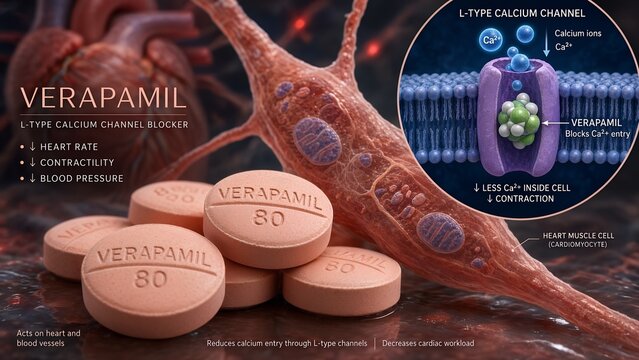 Cardiovascular medication verapamil pills paired with a scientific inset depicting the drug blocking l-type calcium channels with a heart muscle cell background
