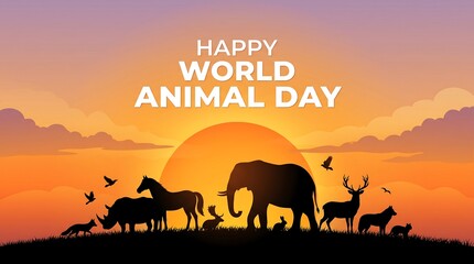 Fototapeta premium Happy World Animal Day banner, wildlife silhouettes at sunset, savanna animals in golden hour landscape, conservation concept