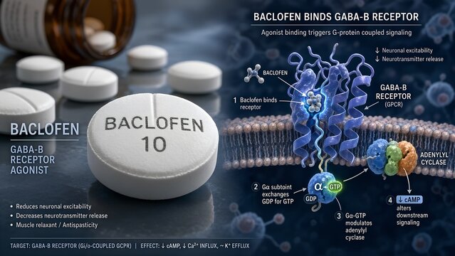 Baclofen prescription tablets with a detailed molecular inset showing the drug binding to the gaba-b receptor and triggering a g-protein coupled signal cascade