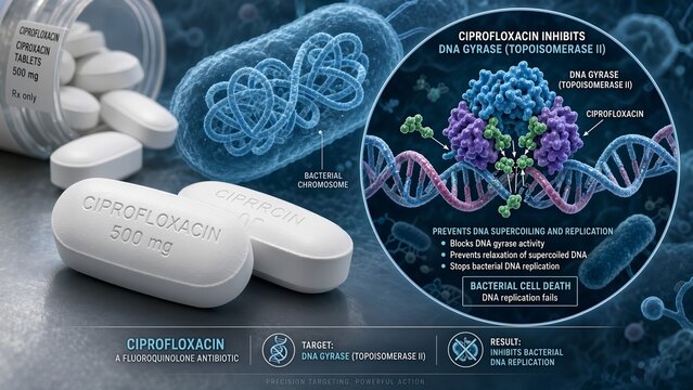 Pharmaceutical ciprofloxacin prescription pills paired with a scientific illustration of the drug blocking dna topoisomerase ii inside a bacterial cell