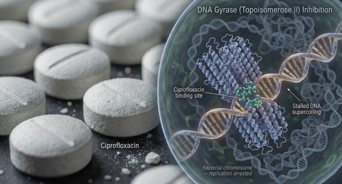 Ciprofloxacin antibiotic tablets with a close-up microscopic inset showing the drug inhibiting dna gyrase in a bacterial cell and stopping dna replication