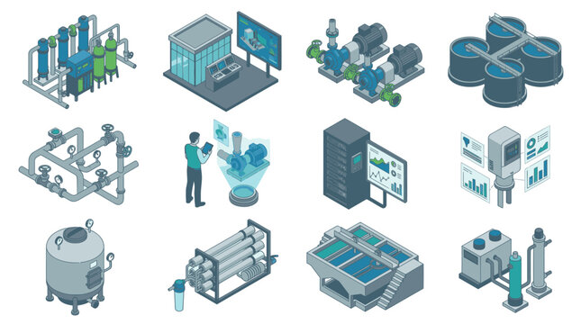 Isometric Industrial Technology and Data Center Icons.