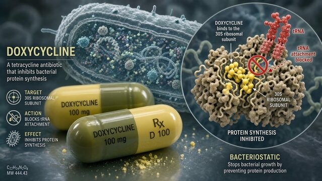 Doxycycline antibiotic capsules with a scientific zoomed inset showing the drug blocking trna attachment at the 30s ribosomal subunit inside a bacterial cell background