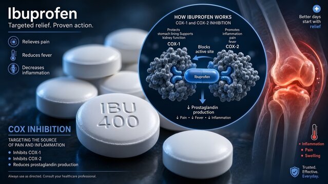 Over-the-counter ibuprofen pills with a close-up mechanism of action inset illustrating cyclooxygenase enzyme inhibition inside an inflamed joint setting