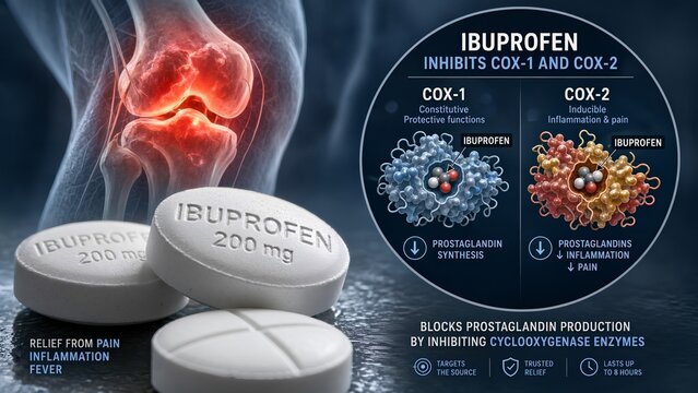 Pain relief ibuprofen medication tablets with a microscopic scientific inset showing the drug inhibiting cox-1 and cox-2 enzymes to treat an inflamed joint