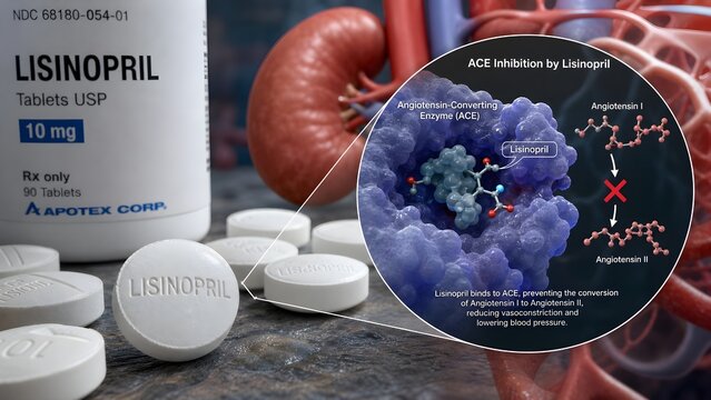 Lisinopril blood pressure medication tablets with a scientific inset showing ace inhibition, blocking angiotensin i to ii conversion near a kidney and blood vessel
