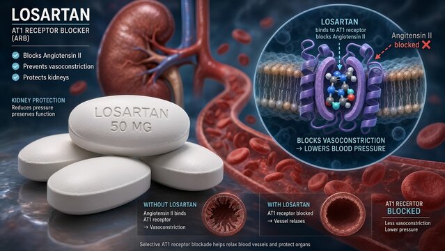 Losartan hypertension tablets with a zoomed molecular inset showing the drug binding to the at1 receptor to block angiotensin ii-mediated vasoconstriction, with a kidney and blood vessel background
