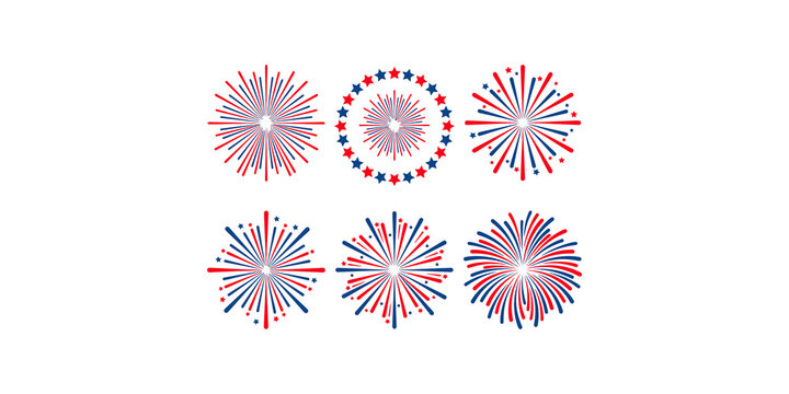 Collection of red and blue fireworks with star accents for patriotic celebrations and events.