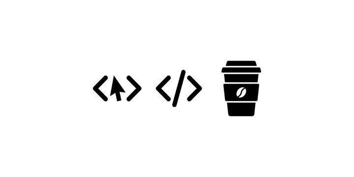 Programming code tags with cursor and coffee cup icons set representing web development tasks and developer break time.