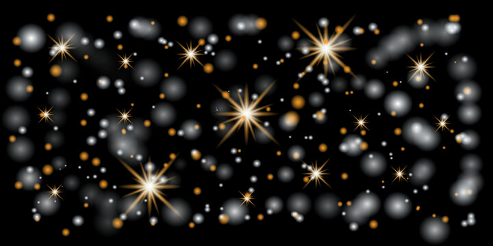 Abstract Glowing Sparkles and Starburst Bokeh Overlay - Golden Light Effects on Dark Background. Editable.