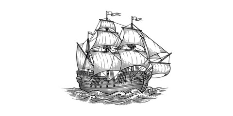Vintage sailing ship icon on ocean waves with detailed masts and sails for maritime travel or historical adventure themes. © Jpeg shop opened
