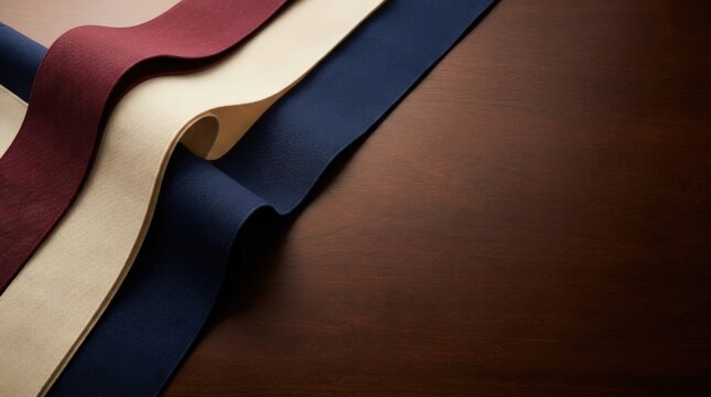 Layered matte fabric ribbons in burgundy, cream, and navy on wood surface