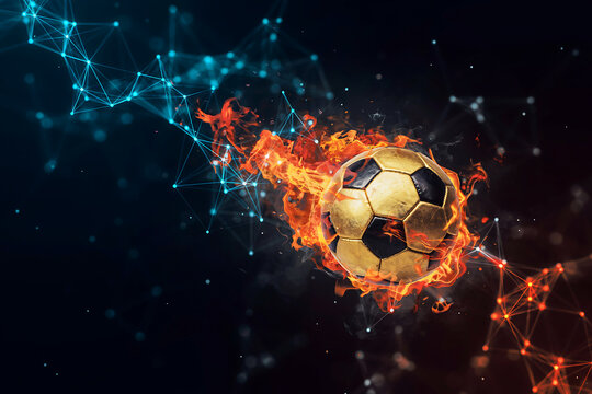 A golden soccer ball engulfed in flames with abstract network connections in the background