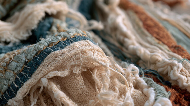 Close up of textured woven fabric with frayed edges in earth tones