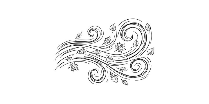 Gust of wind drawing with swirling breeze lines and fallen autumn leaves for weather forecast or nature scene designs.