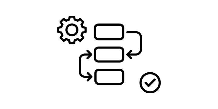 Black outline process flow icon with gear and check mark showing workflow optimization steps on transparent background.