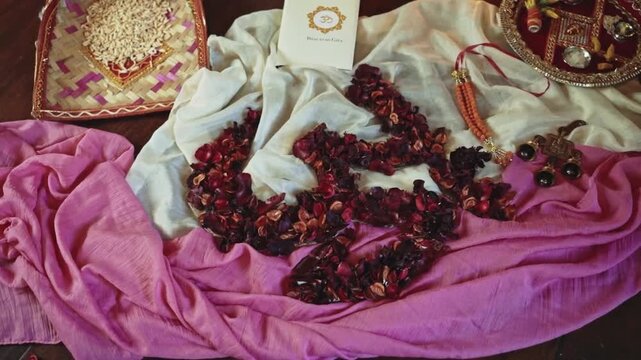 Hindu Om Symbol made of Flower Petals with Sacred Gita and Ritual Items