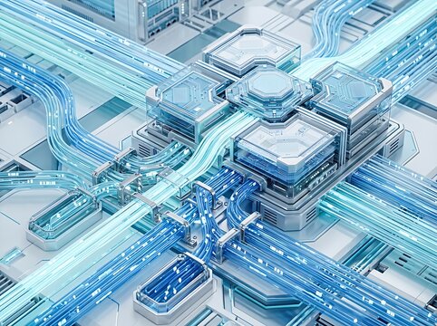 Futuristic quantum processor module with glowing blue optical fiber cables represents advanced computing technology data transfer and high speed neural network processing in modern server room.