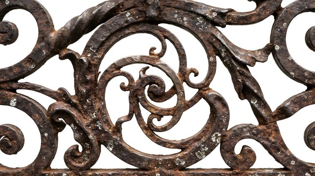 Intricate vintage wrought iron fence panel with ornate decorative scrollwork isolated on a white background