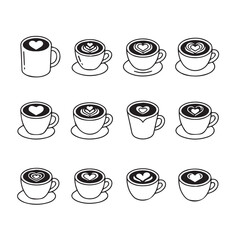 Obraz premium Various coffee cups with latte art hearts in a clean minimalist style against a white background
