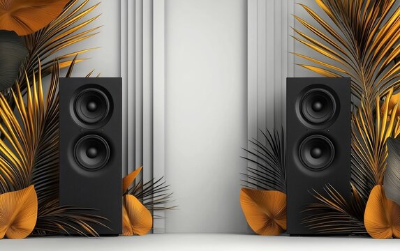 Black speakers flanked by gold tropical leaves against a white wall.