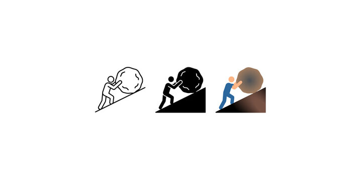 Sisyphus myth character silhouette pushing heavy boulder up hill represents struggle persistence and hard effort.