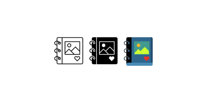 Photo album icon set in outline solid and colorful styles for digital photography storage and memory book applications.