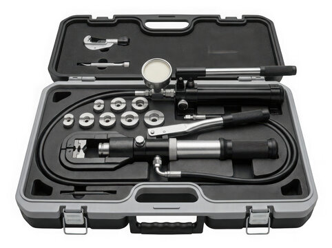 hydraulic wire crimping tool kit in storage case isolated on transparent background