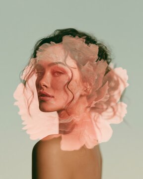 Double exposure portrait of woman and pink peony flower