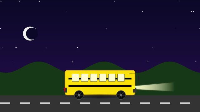 4K 60fps School Bus Transition Animation Loop with Day to Night Lighting Change in 16:9 Aspect Ratio