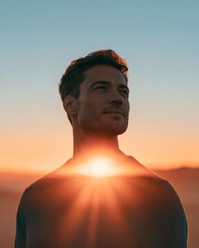 Man silhouette with glowing sun on chest during sunset