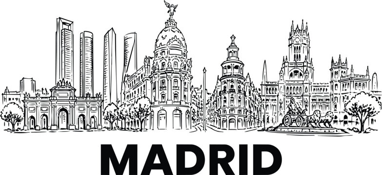 Madrid city skyline line art drawing of famous historic Spanish landmarks, skyscrapers, Cybele Palace, Metropolis building, and bold typography text