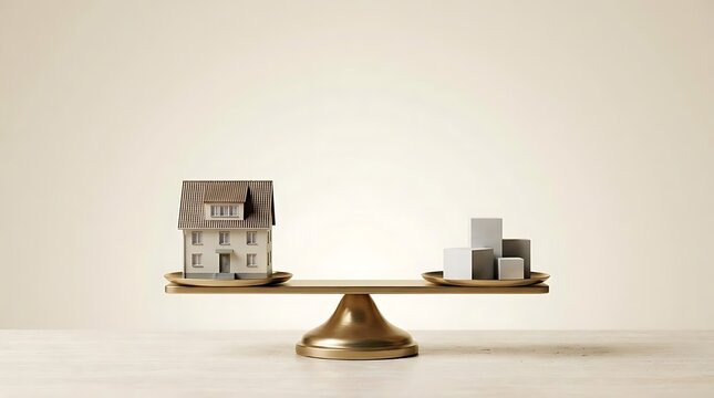 A miniature house and abstract blocks balanced on a brass scale representing an agente immobiliare concept for real estate property market valuation