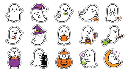 Fototapeta premium A delightful assortment of adorable ghost characters playfully interacting with classic Halloween props and accessories in a whimsical design
