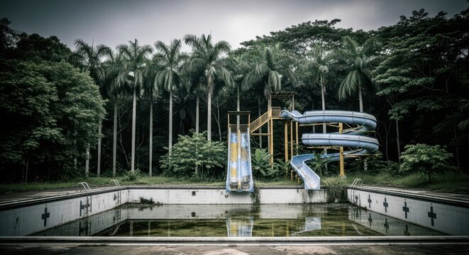 Abandoned water park with overgrown pool and slides amidst tropical trees
